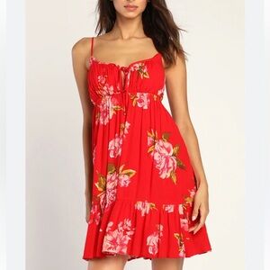 Lulus Easy Red Floral Print Sleeveless Ruffled Mini Dress. Size small